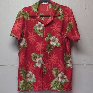 Red Hawaiian Floral Men's Casual Button Down Shirt